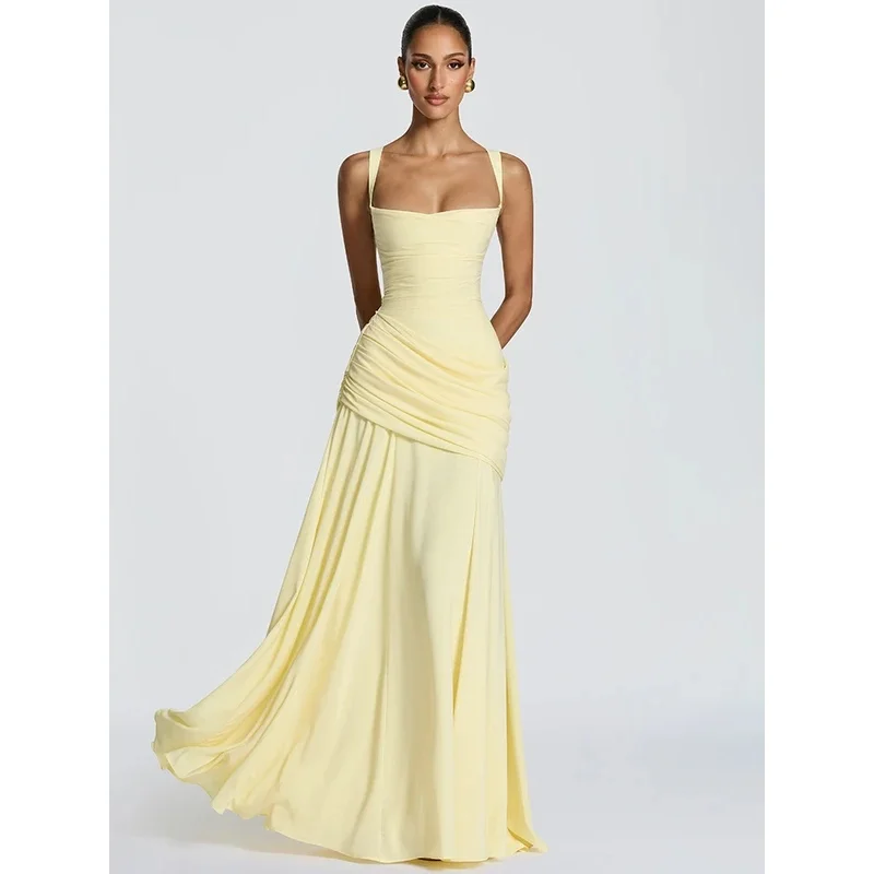 Off-shoulder Backless Sexy Maxi Dress Women Elegant Strapless Sleeveless Bodycon Ruched Club Party Long Dresses Female