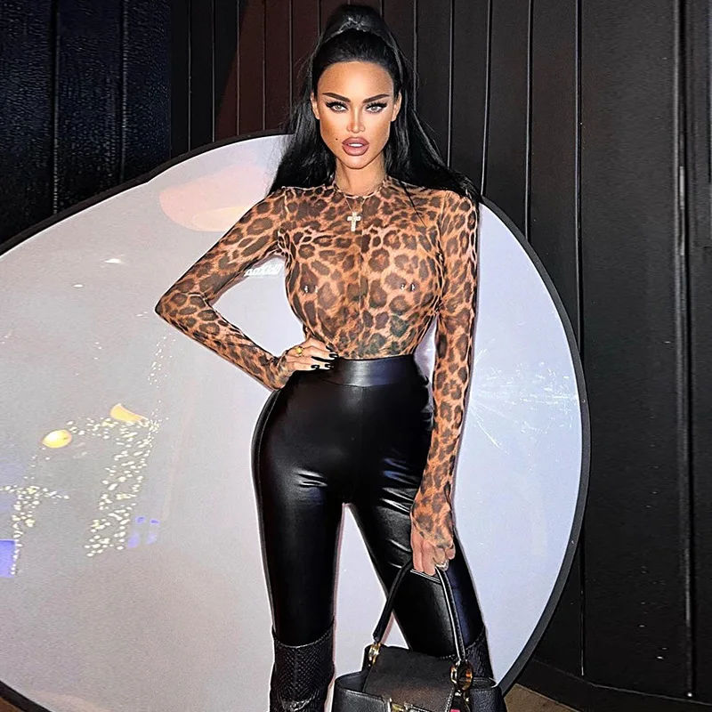 2024 Hot Style Round Neck Long Sleeve Tight Sexy Hot Girl Nightclub Internet Celebrity Personality Leopard Print Jumpsuit Trend