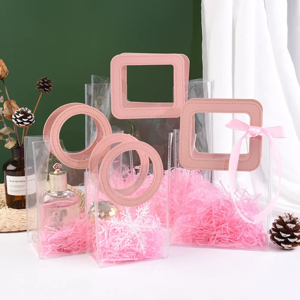 Large Capacity PVC Clear Tote Bag Square Shape Handle Transparent Waterproof Storage Bag Round Shape Handle Hand Gift Bag