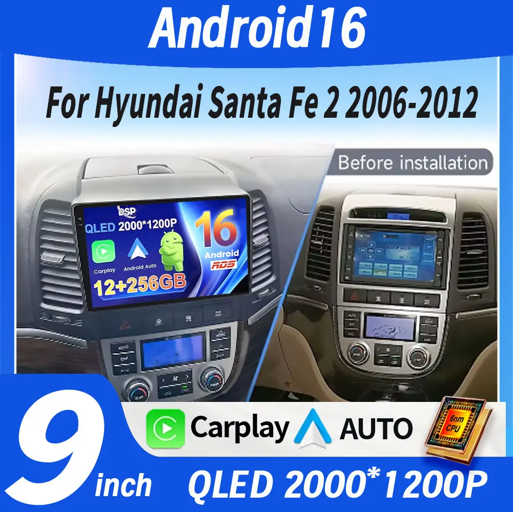 Android16 Autoradio Carplay For Hyundai Santa Fe 2 2006 - 2012 Car Radio Head Unit Multimidia Video Player Navigation GPS 4G DVD