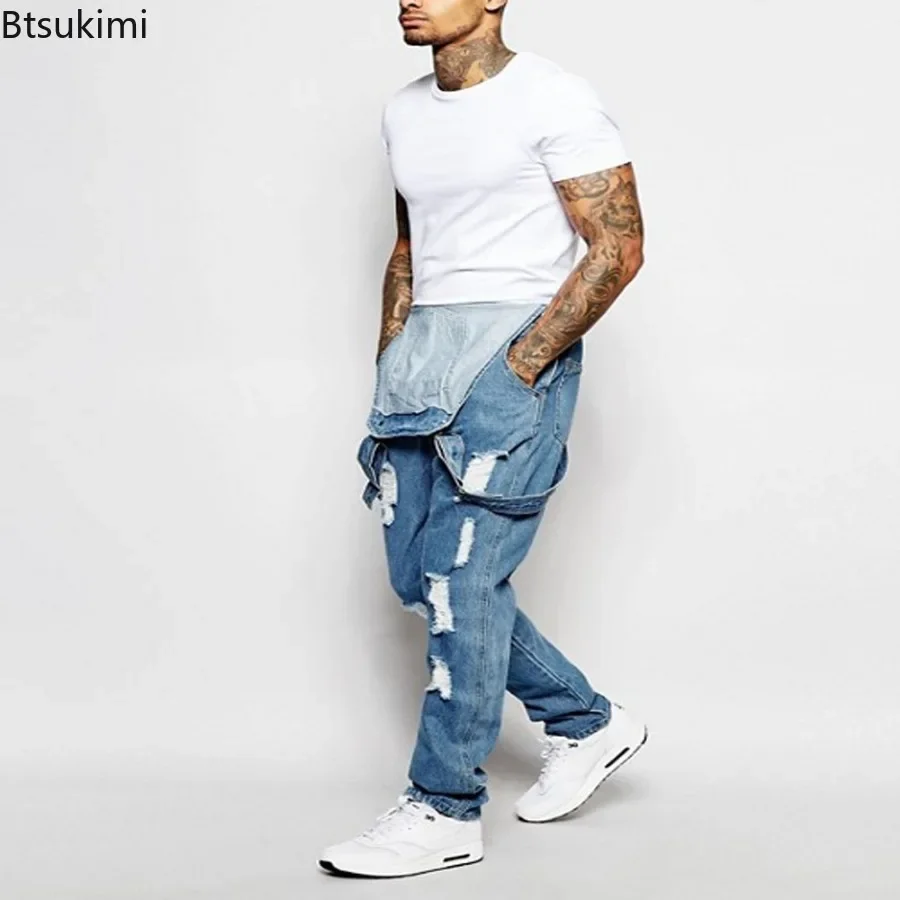 2024 Men's Ripped Denim Overalls  Full Length Suspender Pants Homme Jeans High Street Jumpsuit Distressed Casual Trousers Male