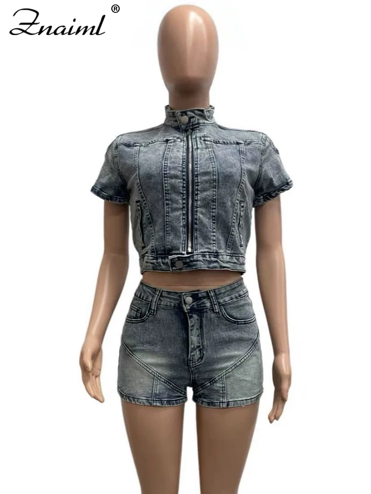 Znaiml Ladies Fashion Faded Washed Denim Two Piece Shorts Suit Short Sleeve Cropped Jacket and Hot Pants Streetwear Beach Outfit