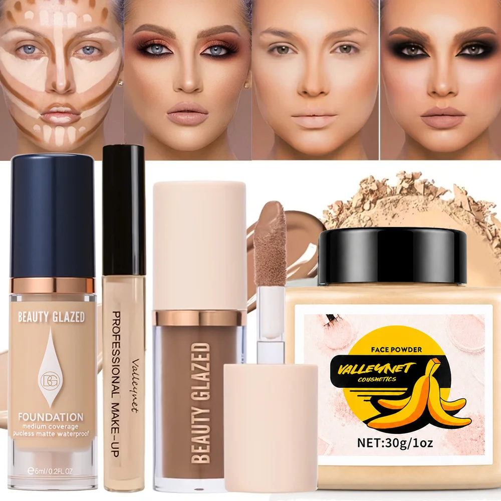 Conjunto de Maquiagem Facial com 4 Peças: Corretivo de Alta Cobertura, Base Leve, Creme de Contorno 3D e Pó Matificante Controlador de Oleosidade