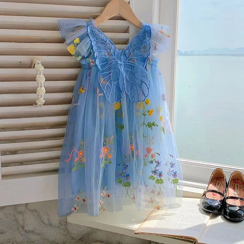 1-5Y Baby Girls Summer Dress for Toddler Clothes Children\'s Dress Puffy Mesh Tutu Princess 2024 New Floral Embroidery Clothings