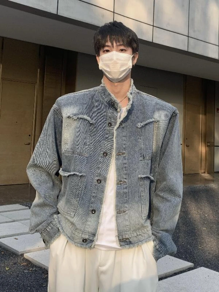 

Stand Collar Men's Denim Jacket Original Rock Winter Outerwear Cheap Price Stylish in Lowest Loose Low Male Jean Coats Raw Edge