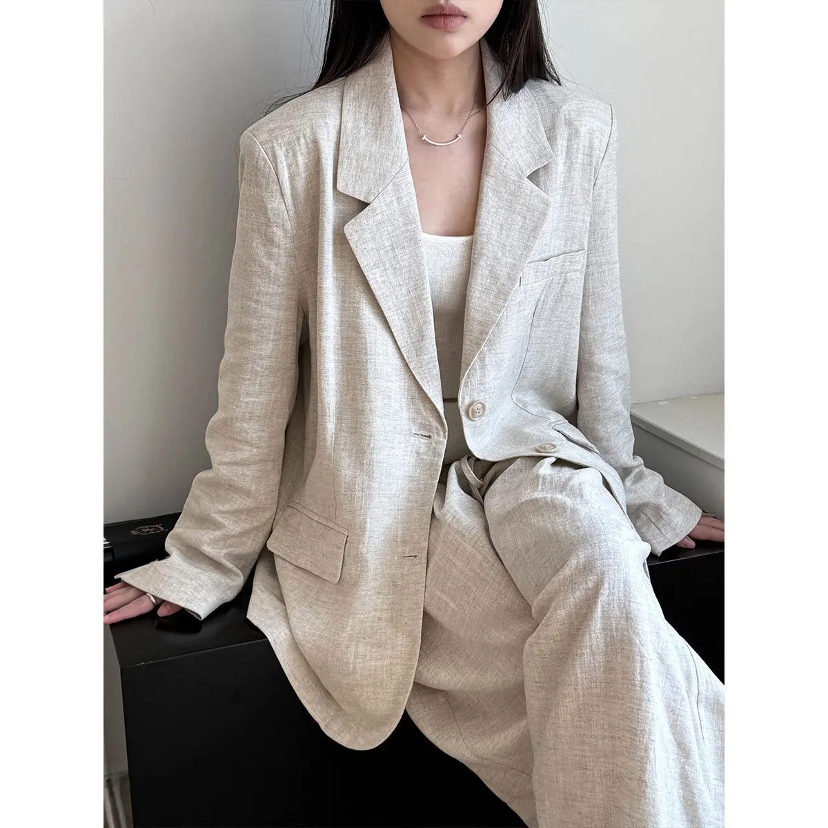

High-end Wearing Linen Blazer Women's 2025 Autumn Cotton and Linen Suit Trouser Set