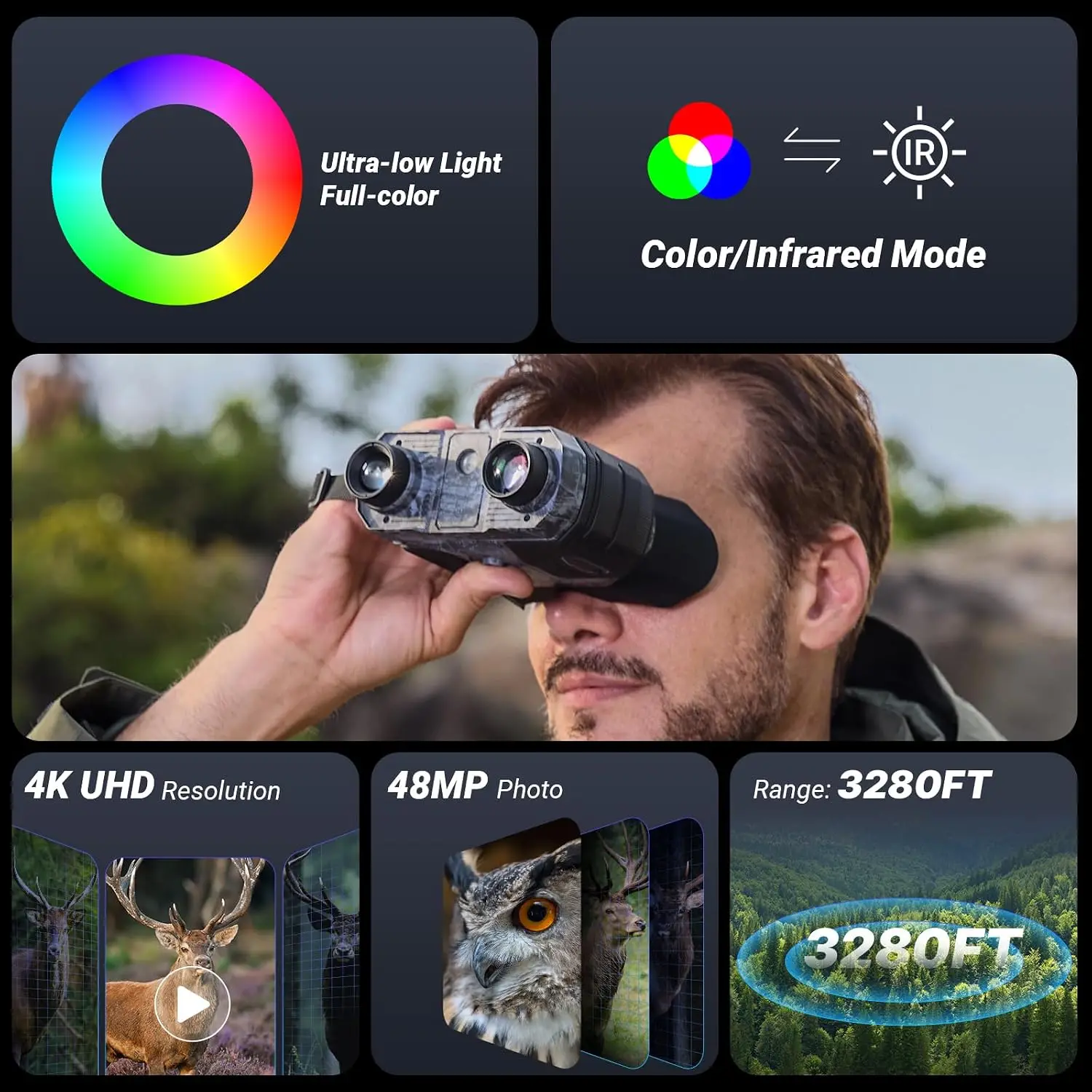3280 Ft Full Color Vision Night Vision Binoculars 48MP Photo