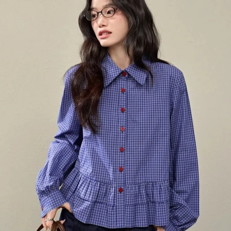 

Blue Plaid Shirt Women 2025 Spring Long Sleeve Lapel Ruffled Design Lady Tops Korean Fashion Vintage All Match Blouse