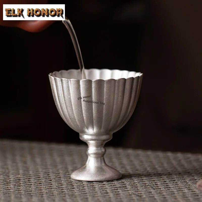 ZAEYORIA 65ml Handmade Gilded Silver High-footed Teacup Elegant Tea Bowl Tea-tasting Meditation Cup Chazhan Master Cups Cafes