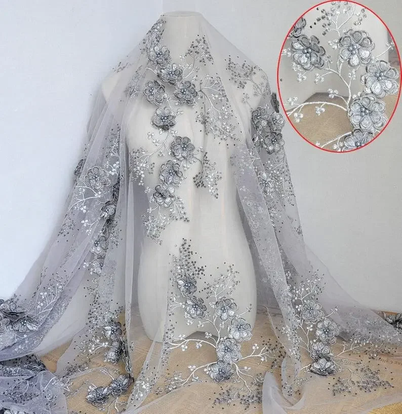 

Gray Flower Lace Fabric bead Flower applique Embroidery Tulle lace For Couture Dress Prom Dress Wedding Dress Veil