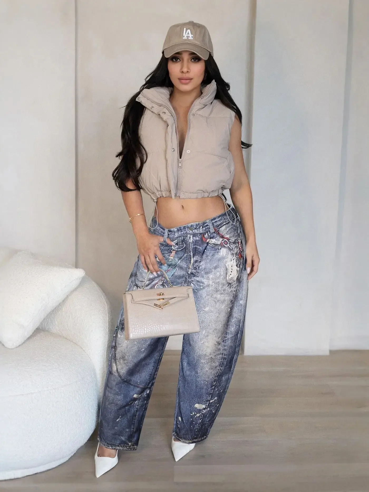 Leosoxs Women Denim Pants Spring Casual Leather 3D Printed Wide Leg Pants Streetwear Lady Loose Straight-Leg Jeans Trousers