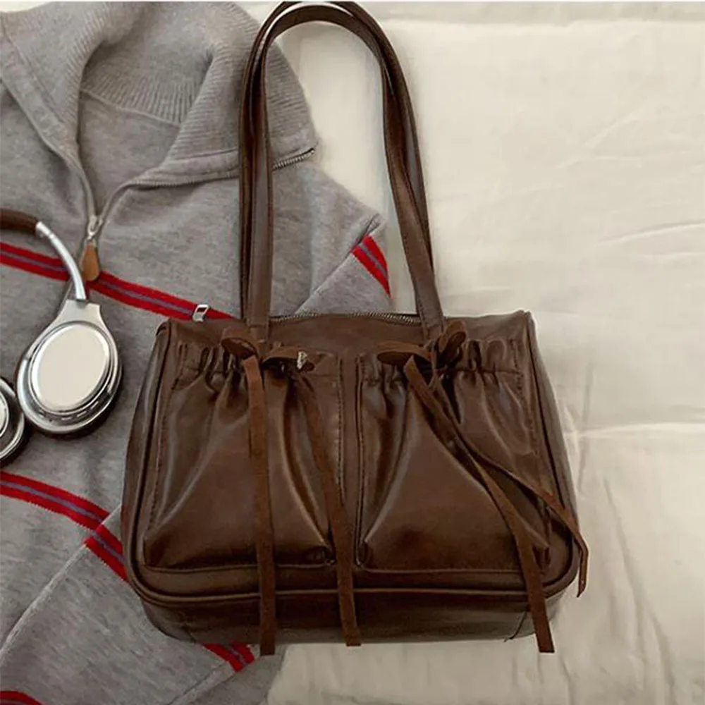 

Large Capacity Women Tote Bag Solid Pu Leather Satchels Patch Bows Folds Handbags Female Casual Commute Underarm Shoulder Packs