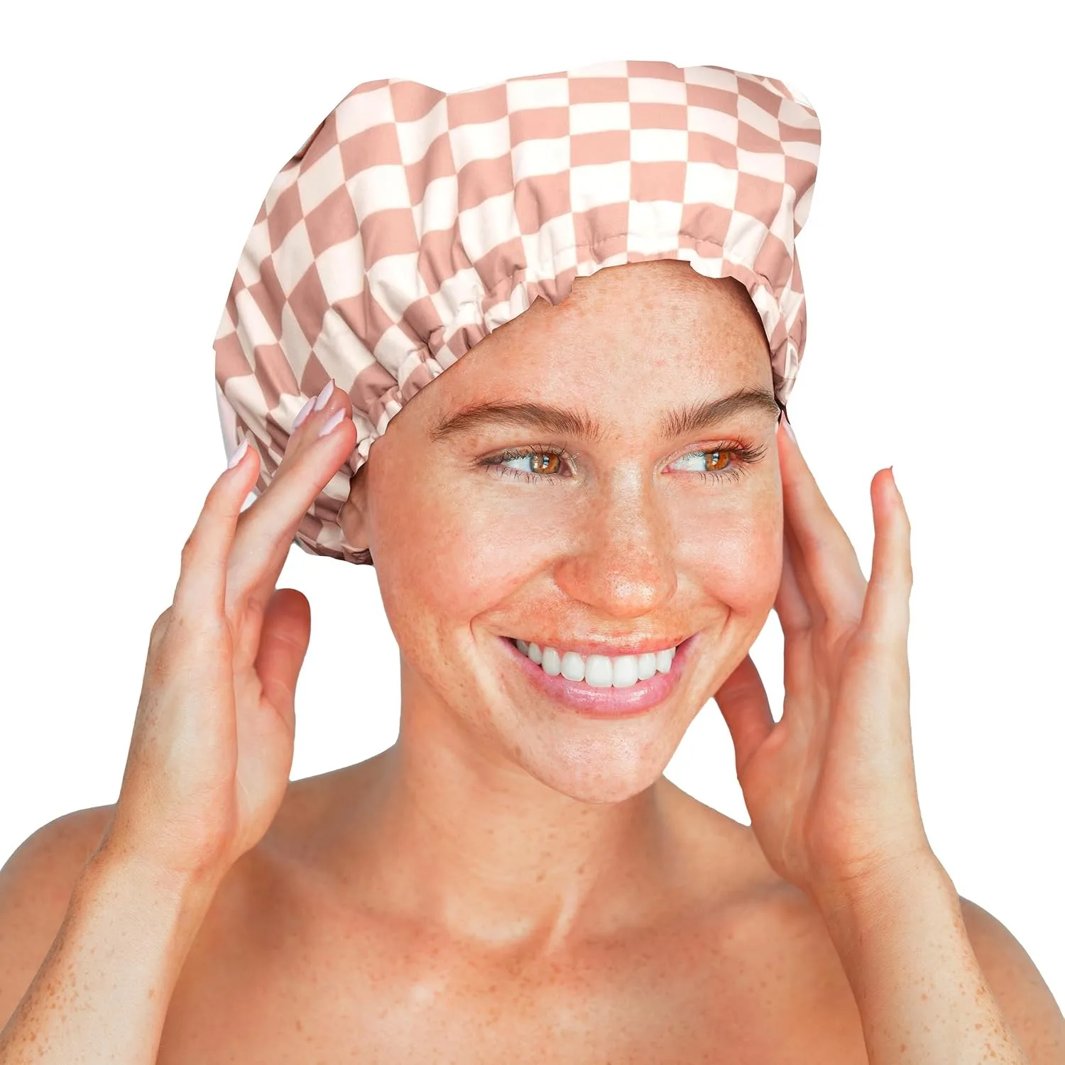 

Shower Cap for Women Terry Lined Bath Cap Large Reusable Waterproof Elastic Pink Checkered Band Shower Caps for Long Thick Hair Soft Bath Shower Hair Caps