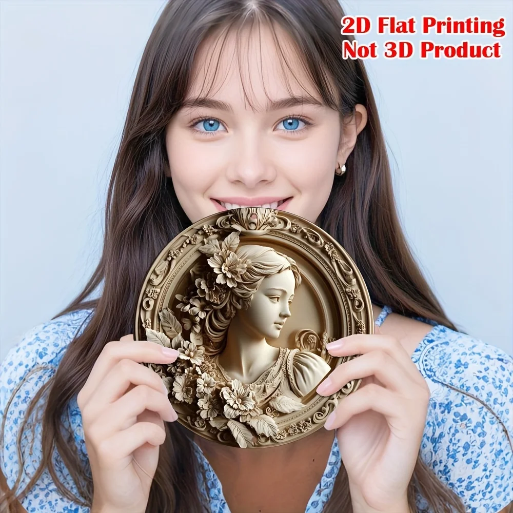 2D Flat, 1pc, Girl Portrait Theme Round Aluminum Sign Artwork, Home Holiday Wall Decor, Multifunctional Vintage Decoration, No E