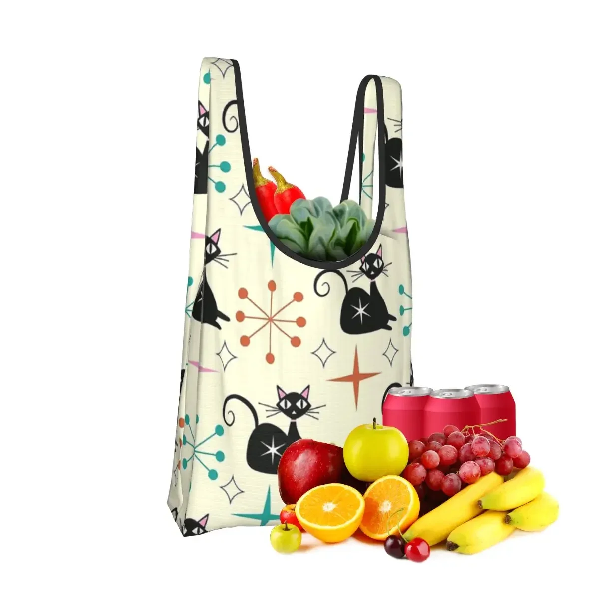 Mid Century Black Atomic Cat With Starbursts Shopping Bag Portable Tote Bags Foldable Shoulder Shopper Bag Grocery Handbag