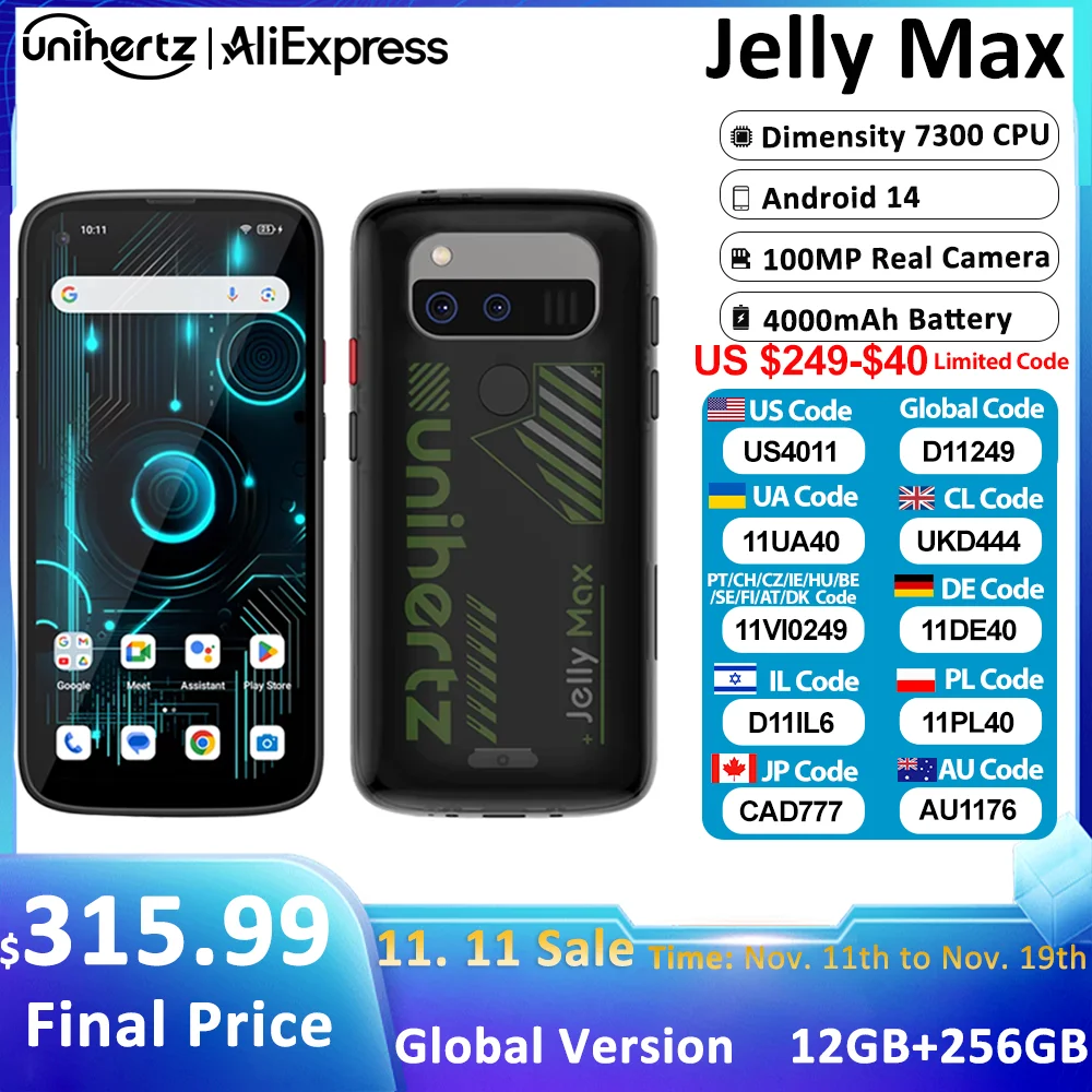 Unihertz Jelly Max 5G Mini Smartphone Android 14 Dimensity 7300 CPU 12GB 256GB 100MP Camera 4000 mAh Battery 5.05
