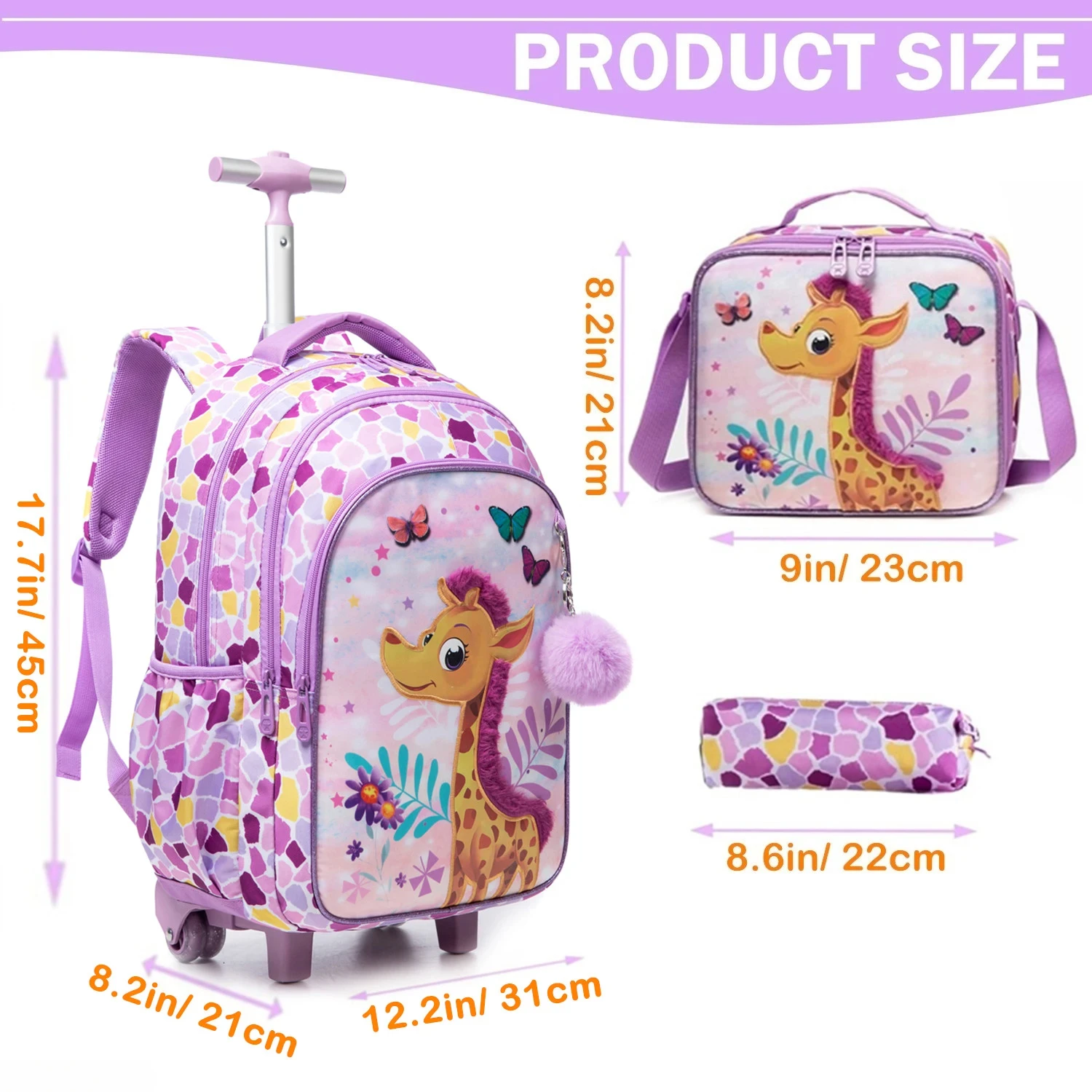 Rolling Backpack with Wheels Cute Primary School Backpack for Girls Trolley Travel Bookbag Elementary Comfortable Breathable