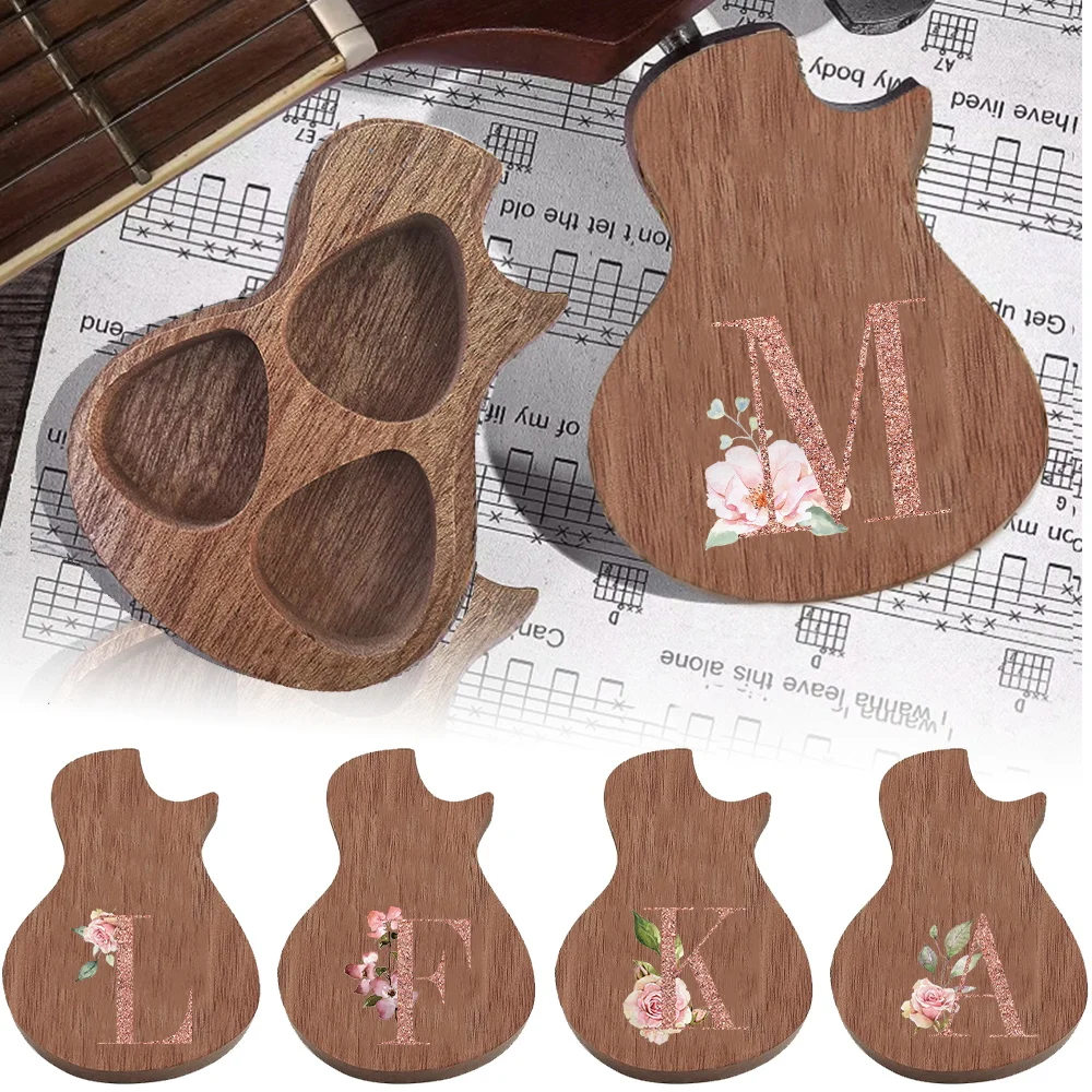 

1pc Wooden Guitar-Shaped Picks Holder Travel-Friendly Protects Plectrums From Damage Accessory Initial Name 26 Letters Pattern