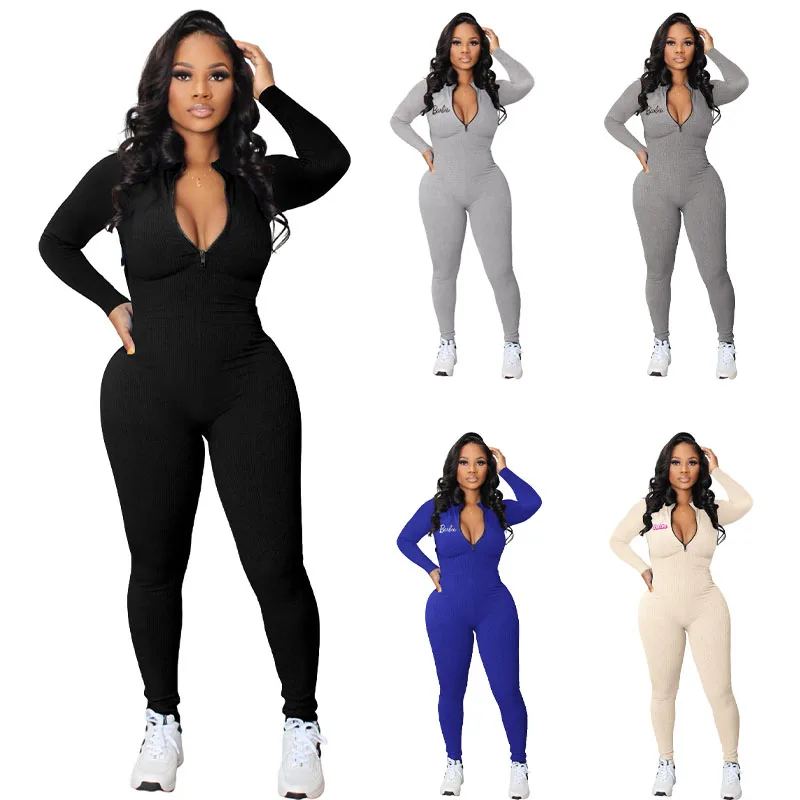 Slim Sexy Deep V Zipper Barbie Long-Sleeved Jumpsuit for Women European American Body-Shaping Stretch Large Size Sports Jumpsuit