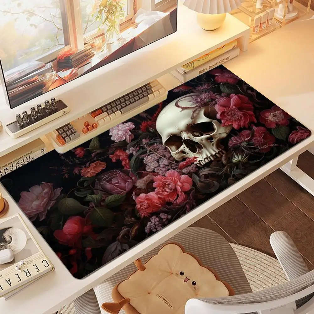Large Size Table Mat Vintage Human Skull Surrounded By  Pink Red Rose Flower Art Mouse Pads For Laptop Office Desktop Playmat