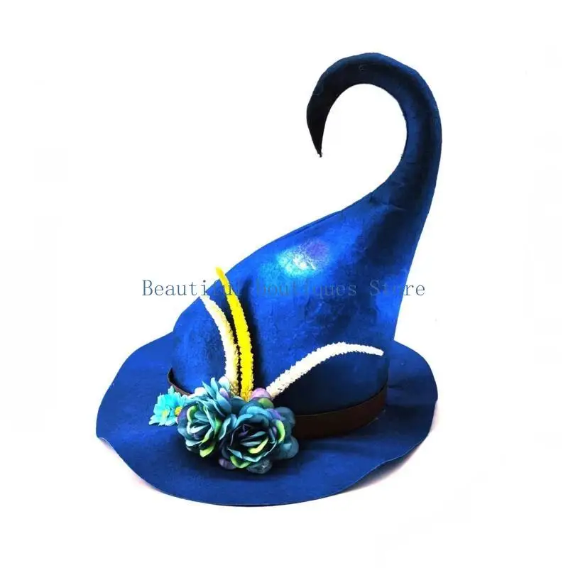 U4LF Adult Kids Witch Hats with Flower Masquerade Curved Point Wizard Hat Cosplay Costume Halloween Party Fancy Dress Decor