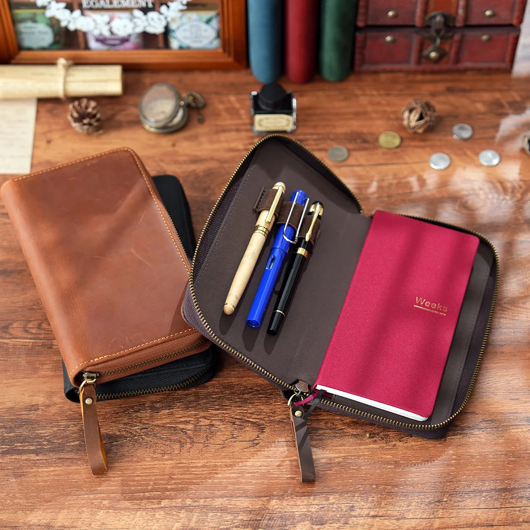 Hobo Weeks Cowhide Leather Zipper Bag with Notebook And Pen Storage Book Cover Layered Design for Organizing Office Supplies