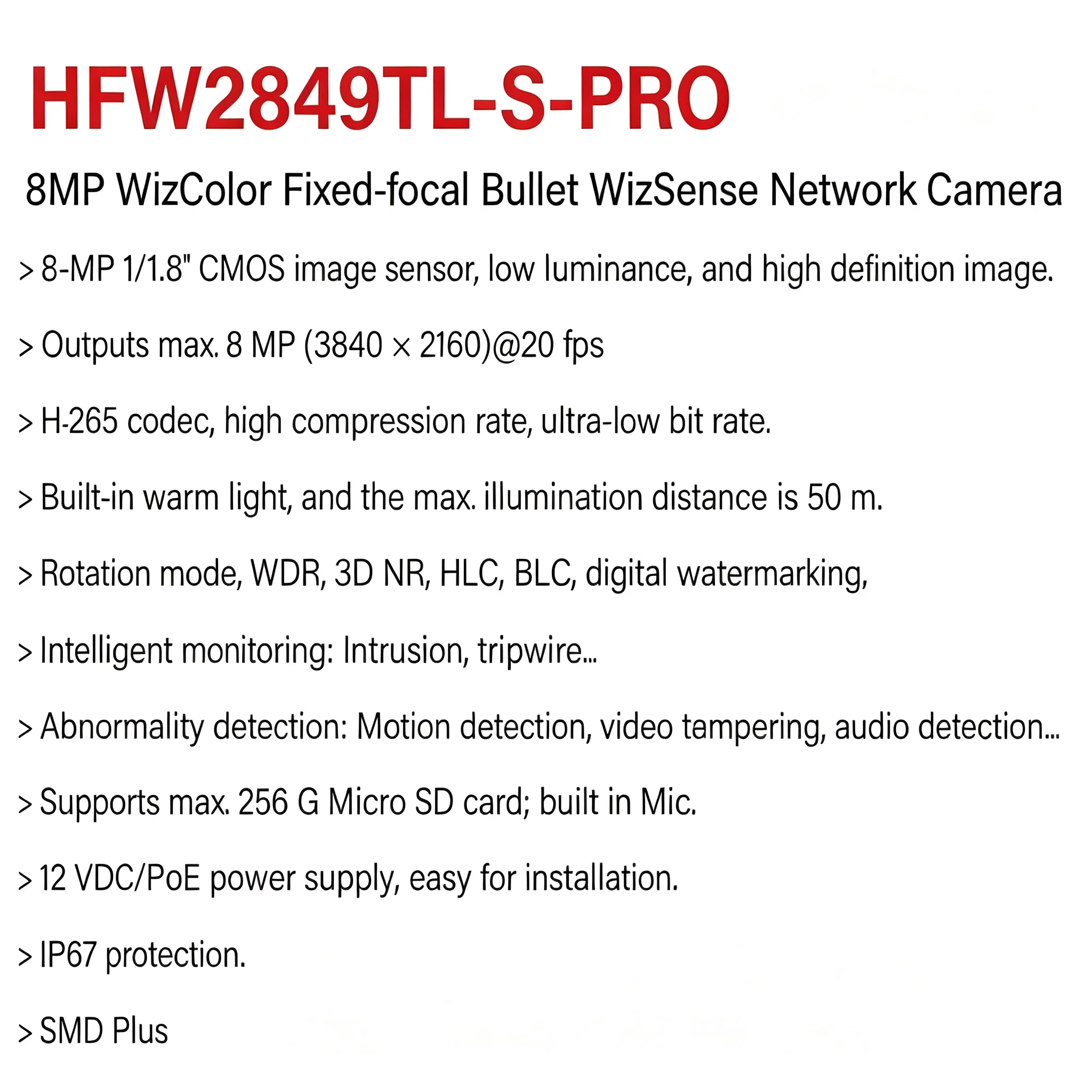 Dahua HFW2449TL-S-PRO HFW2849TL-S-PRO WizColor 4MP 8MP Full Color Bullet Camera 4 Warm Light 4K Night Vision 50m Human Detection