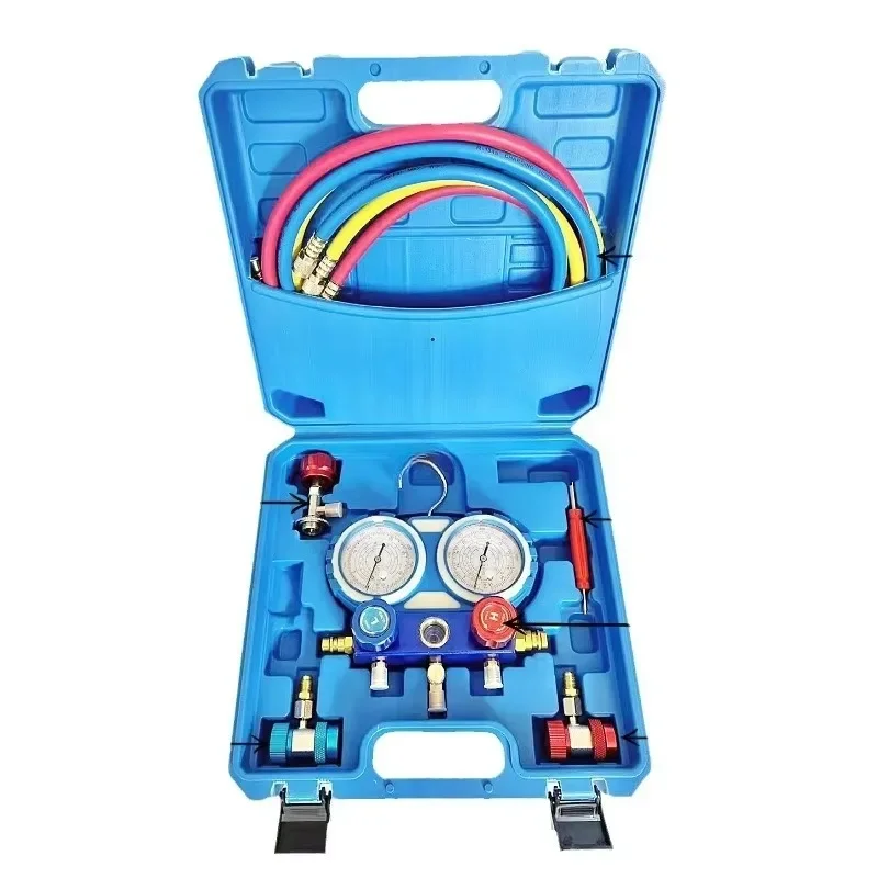 Automotive dual core high-end fluorinated gauge set, refrigerant gauge complete set, metal handle shock-absorbing sleeve