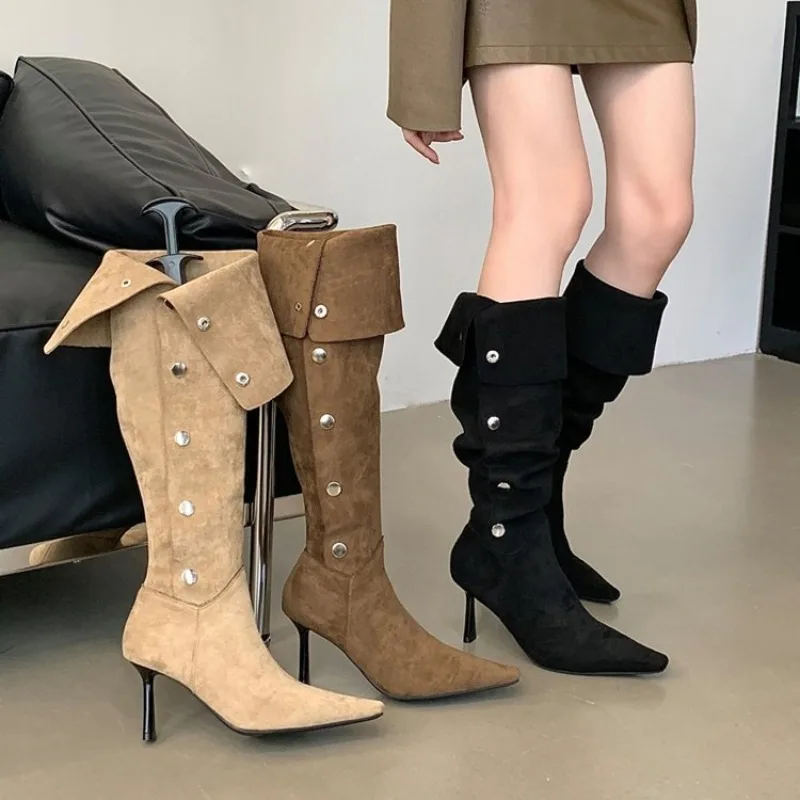 Women's Knee High Boots Pointed Toe High Stiletto Heel Suede Look Fold Over Cuff Slouch Shaft Button Detail Party Dress Shoes view 6