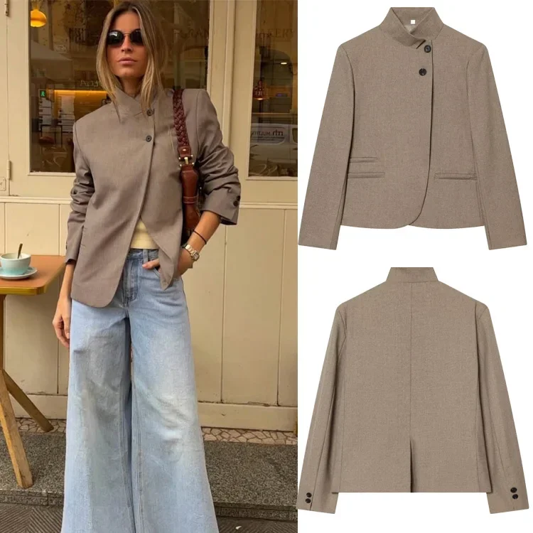 Fashion blazer stand-up collar asymmetrical design plain casual top