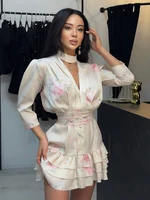Women Printed Waistband Puff Sleeve Satin Dress Elegant Waist Cinched V-neck Buttons Dresses 2026 Holiday Summer Short Vestido - Image 4