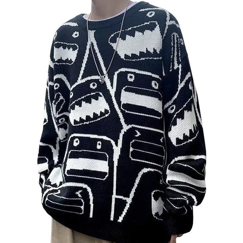 

2022 Casual Pullover Cartoon Men Autumn Winter Sweater Printing Robot Long Sleeve Loose Black Street Hip Hop Male Knittishirt