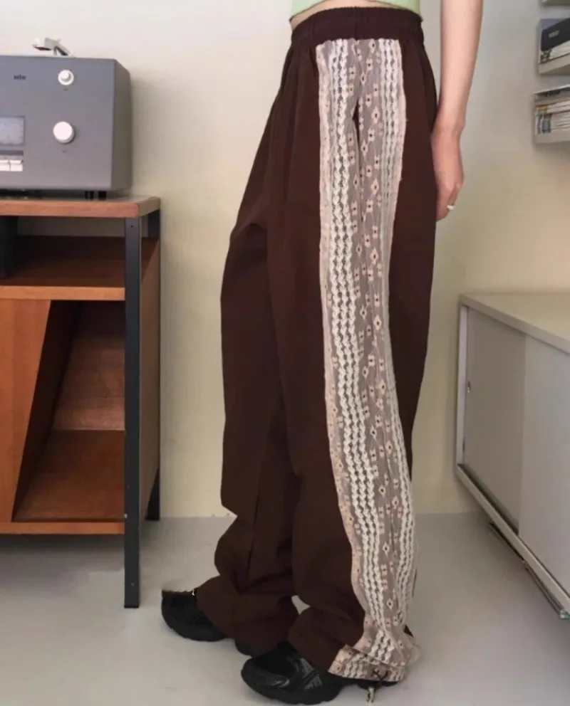 Fashion Vintage Lace Patchwork Nylon Wide Leg Pants 2024 Summer New Loose Y2k E-Girl High Waist Straight Trousers