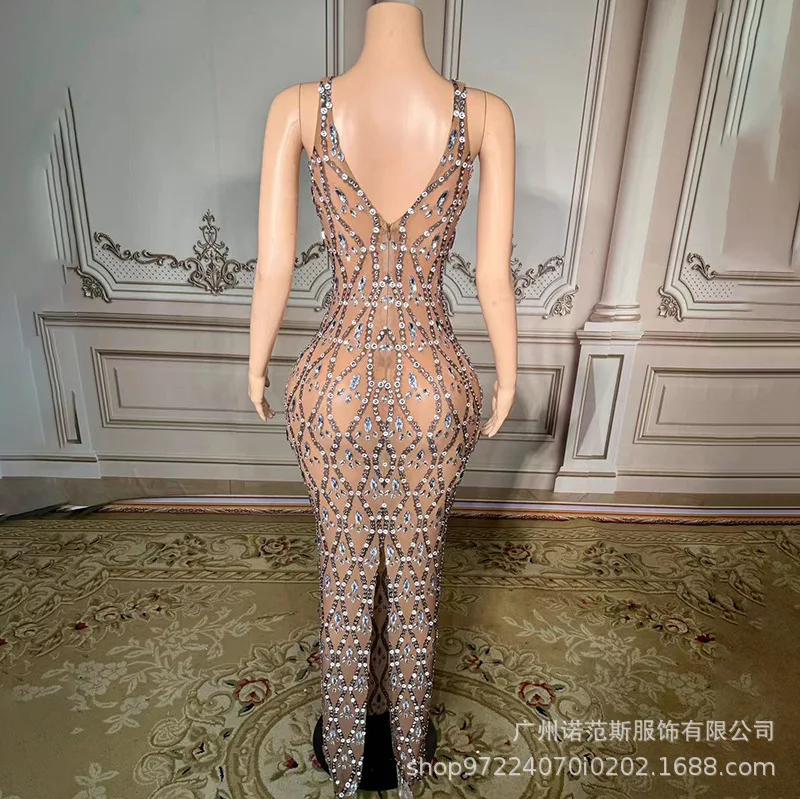 Tempérament dos nu Sexy brillant strass robe femmes soirée spectacle Bar hôte Livehouse porter Hochzeitskleid Chic robes à paillettes