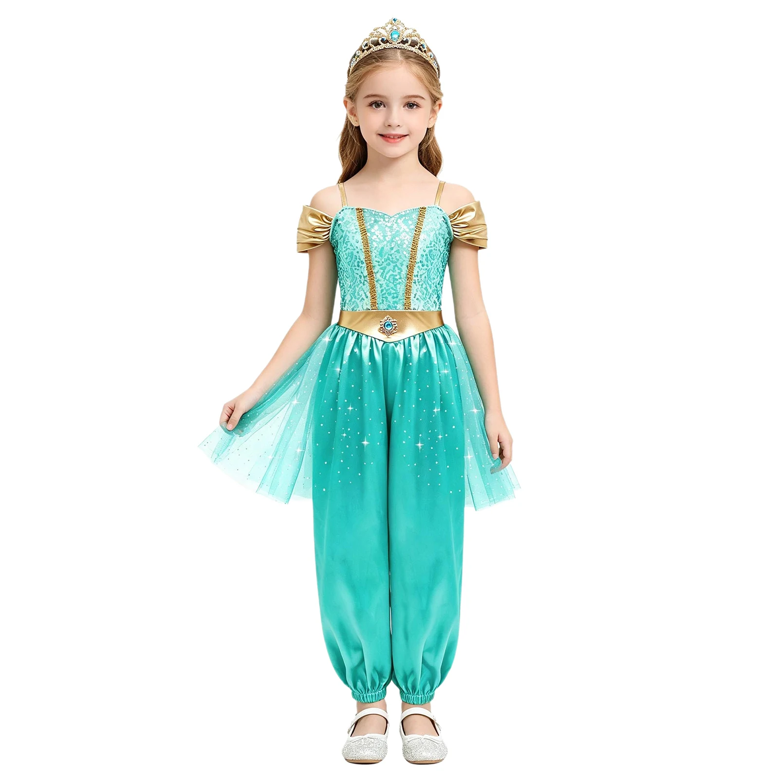 Kids Girl Arabian Princess Belly Dance Jumpsuit Shiny Sequin Tulle Overlay Satin Bodysuit Halloween Theme Party Carnival Costume
