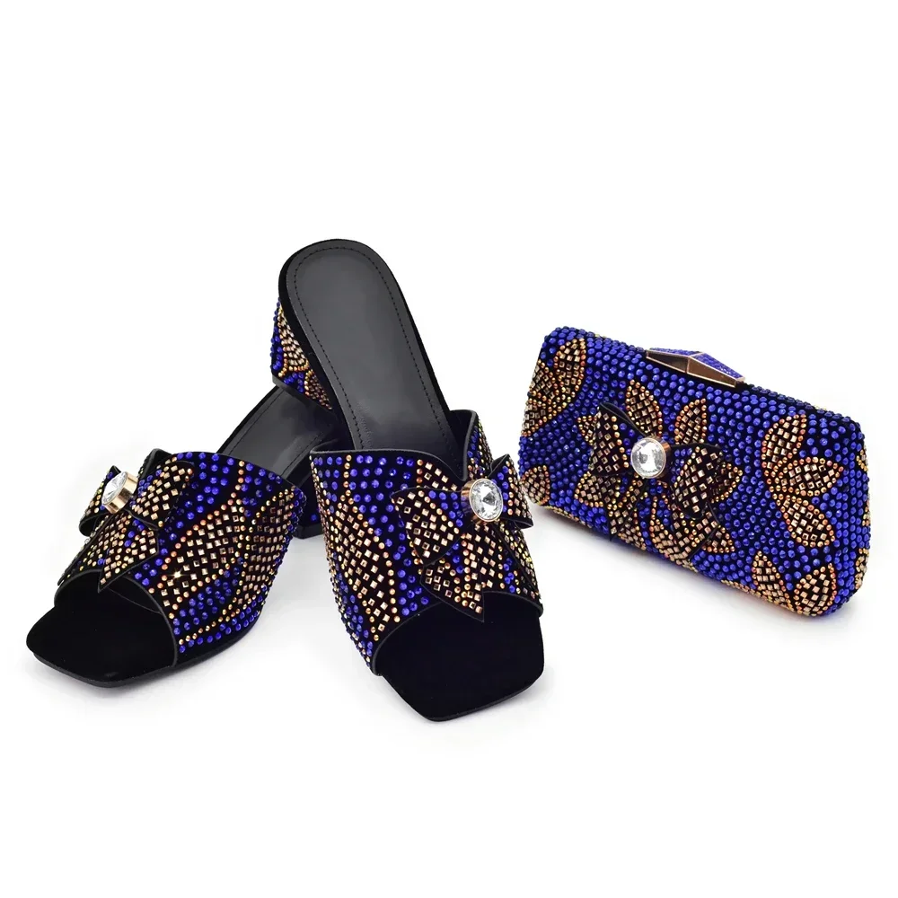 Latest Nigeria Shoes and Bags Elegant Party Low Heels Nigeria Popular Design African Ladies Shoes and Bag Set with Full Diamond