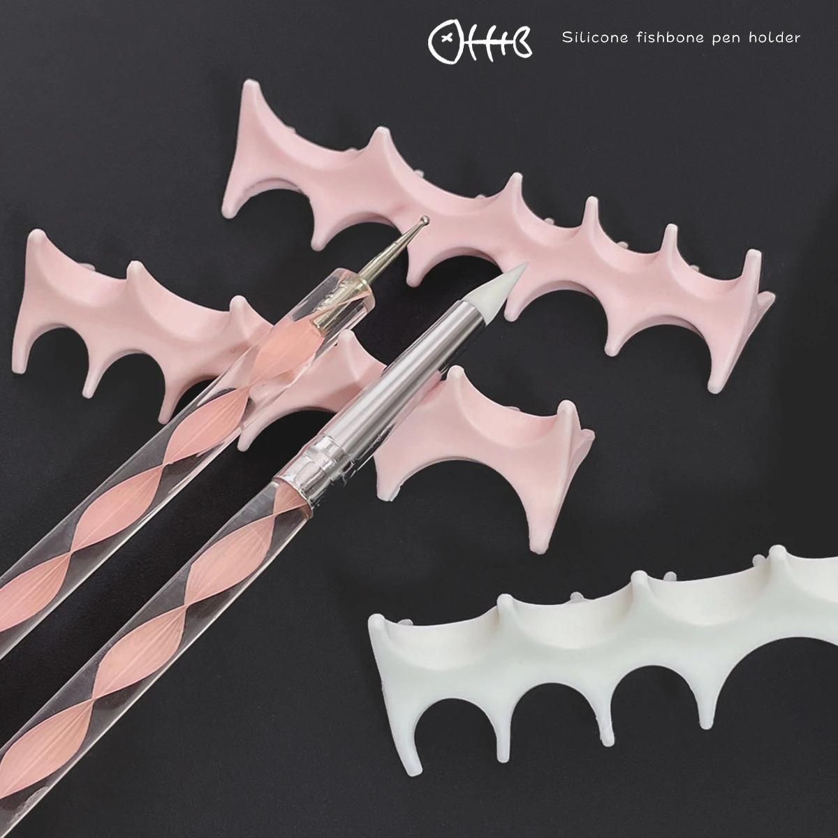 New Silicone Fishbone Design Pen Holder For Nail Art With Anti Slip And Multi-faceted Design,8.2cm White Black Pink Nail Tools