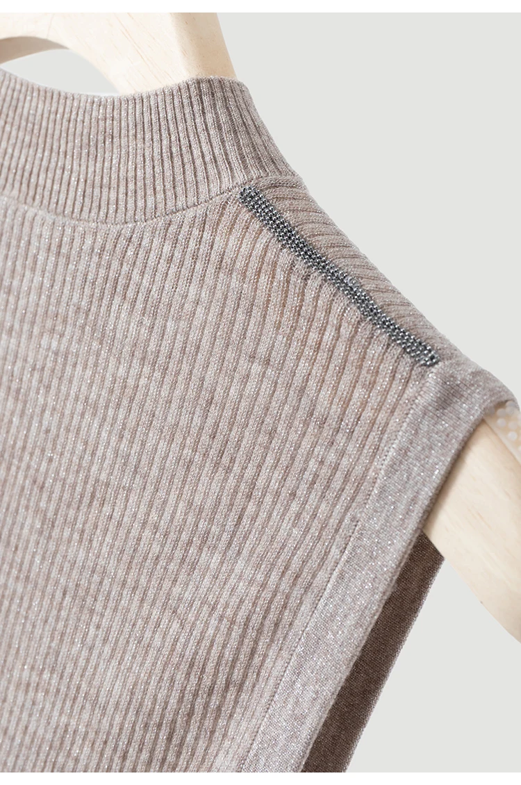 BY3621690 Damen-Rippenstrick-Weste mit Stehkragen, ärmellos, Wollmischung, Schulterkette, schmale Passform, elegant, für die Frühjahrskollektion – Detail 19