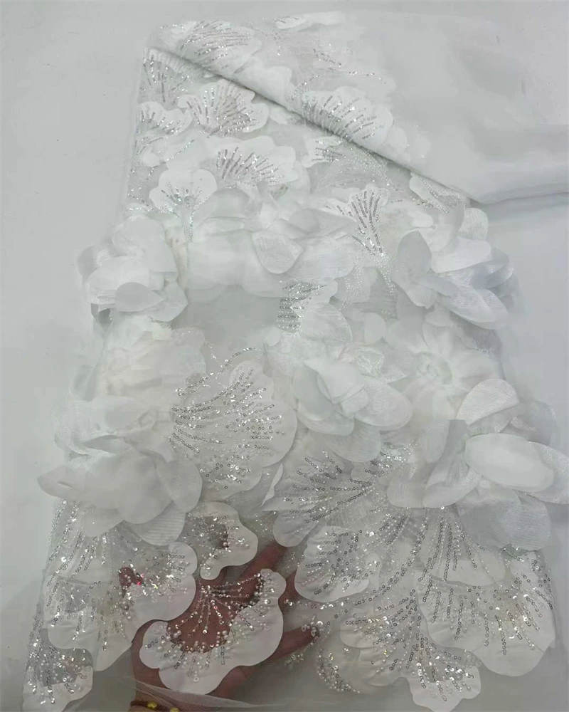 3D цветок блестки кружевная ткань роскошная французская африканская вышивка бисером тюль кружевная ткань для ужина свадебная одежда материал