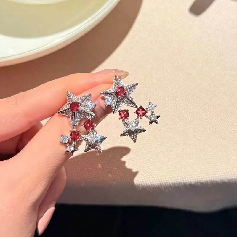 925 sterling silver light luxury high-end feeling ruby brilliant pentagram earrings with diamond inlay temperament earrings