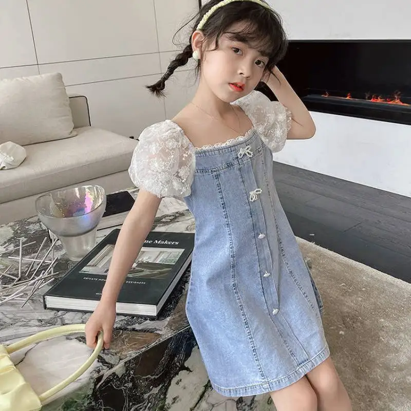 Girls' Summer 2024 Girl's Stylish Lace Bubble Short Sleeved Princess Denim Skirt Kids Clothes Flower Girl Dresses for Weddings