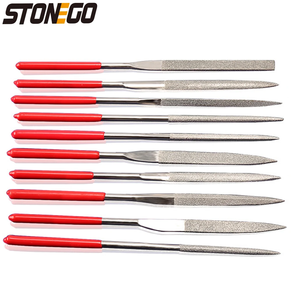 STONEGO Mini Needle File Set, 10PCS, Diamond Coated, 140mm Length, 3mm Width, for Ceramics, Glass, Gems, and Crafts