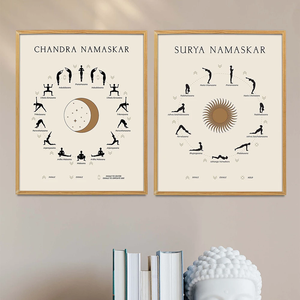 Boho Yoga Sun Salutation and Moon Salutation Celestial Gift Art Canvas Painting Posters and Prints Yoga Studio Wall Art Decor