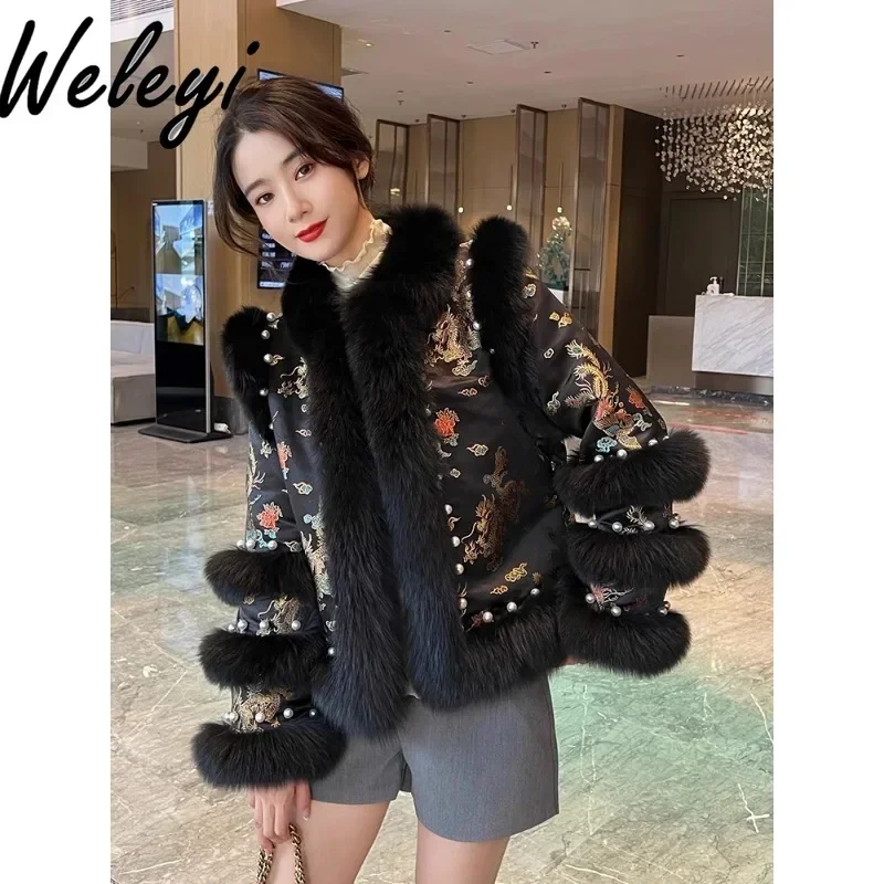 2024 Winter Chinese Style Imitation Fox Embroidery Short Faux Fur Coat Retro Women\'s Beaded Cotton Tang Clothes Fluffy Jacket