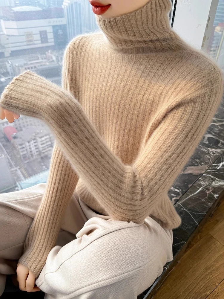 2025 Nuovo maglione lavorato a maglia di lana a collo alto da donna autunno/inverno maglione lavorato a maglia con cappuccio dimagrante maglione moda casual