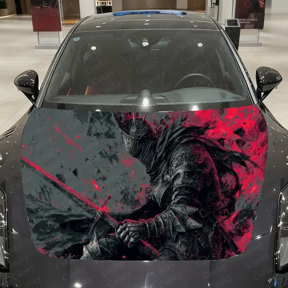 Dark Red Ink Black Armor Knight Car Vinyl Wrap, PVC Material Waterproof Car Hood Sticker, Self-Adhesive Scratch-Resistant Sticke