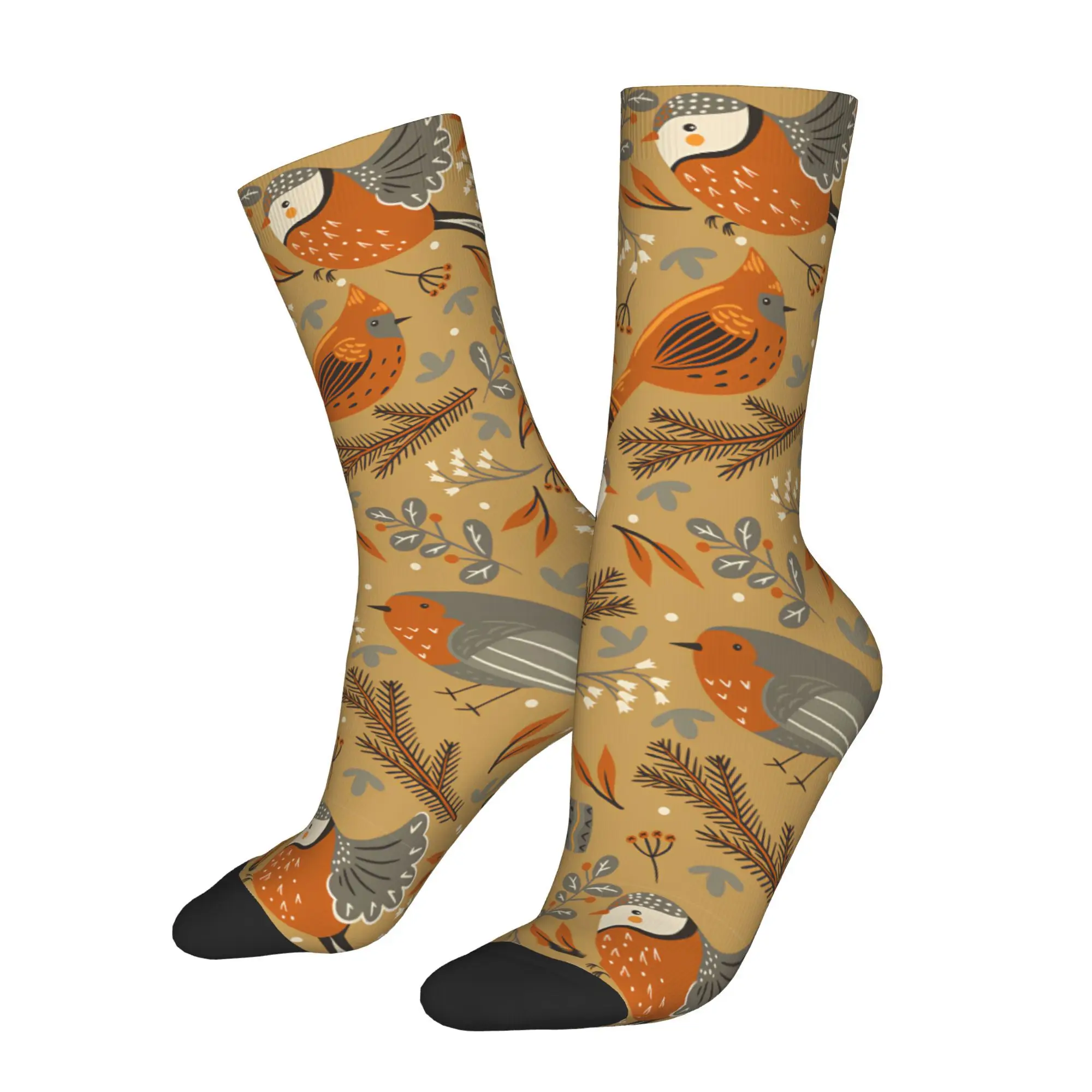 1pc Winter Birds and Floral Elements Pattern Printed Men's Socks  Novelty Hip Hop Harajuku Pattern Crew Sock Casual Gift