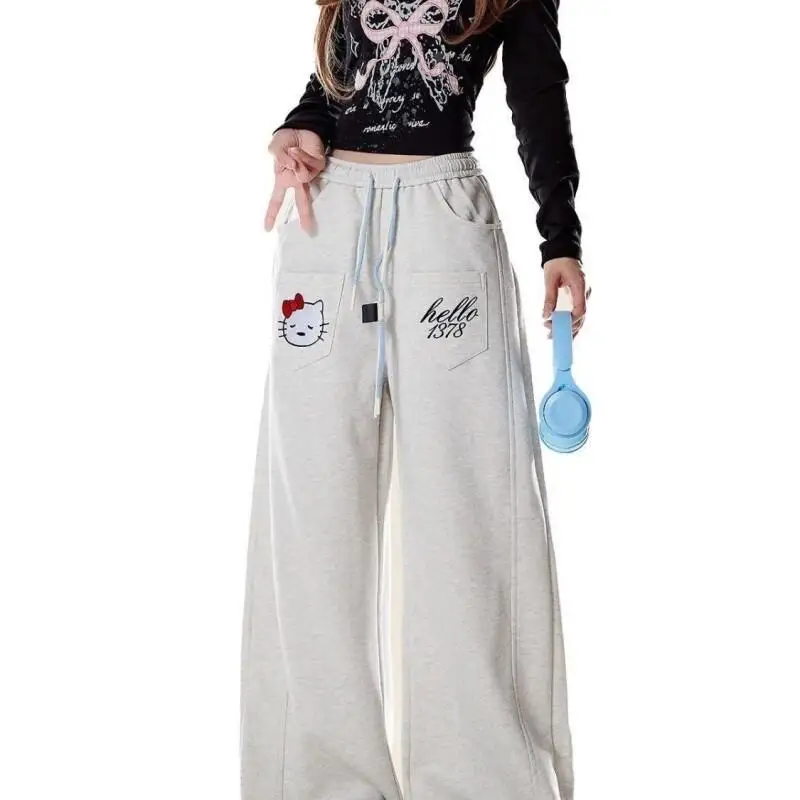 

Повседневные широкие брюки, спортивные спортивные штаны с вышивкой и весенне-осенним эластичным поясом Sanrio Hello Kitty, женский пояс