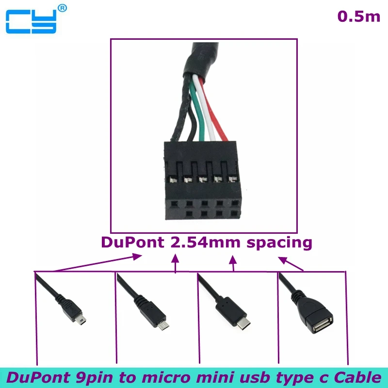 DuPont 2.54mm 9Pin to Mini USB &Micro usb type-c, USB Interface CPU Cooler Cable For CORSAIR Hydro Series H80i/H100i/H110i/H115i