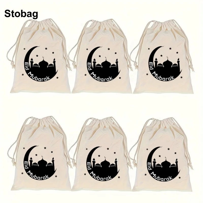 

StoBag 50pcs Wholesale Eid Mubarak Ramadan Cotton Drawstring Bags Small Bundle Pocket Kids Candy Gift Packaging Reusable Pouches